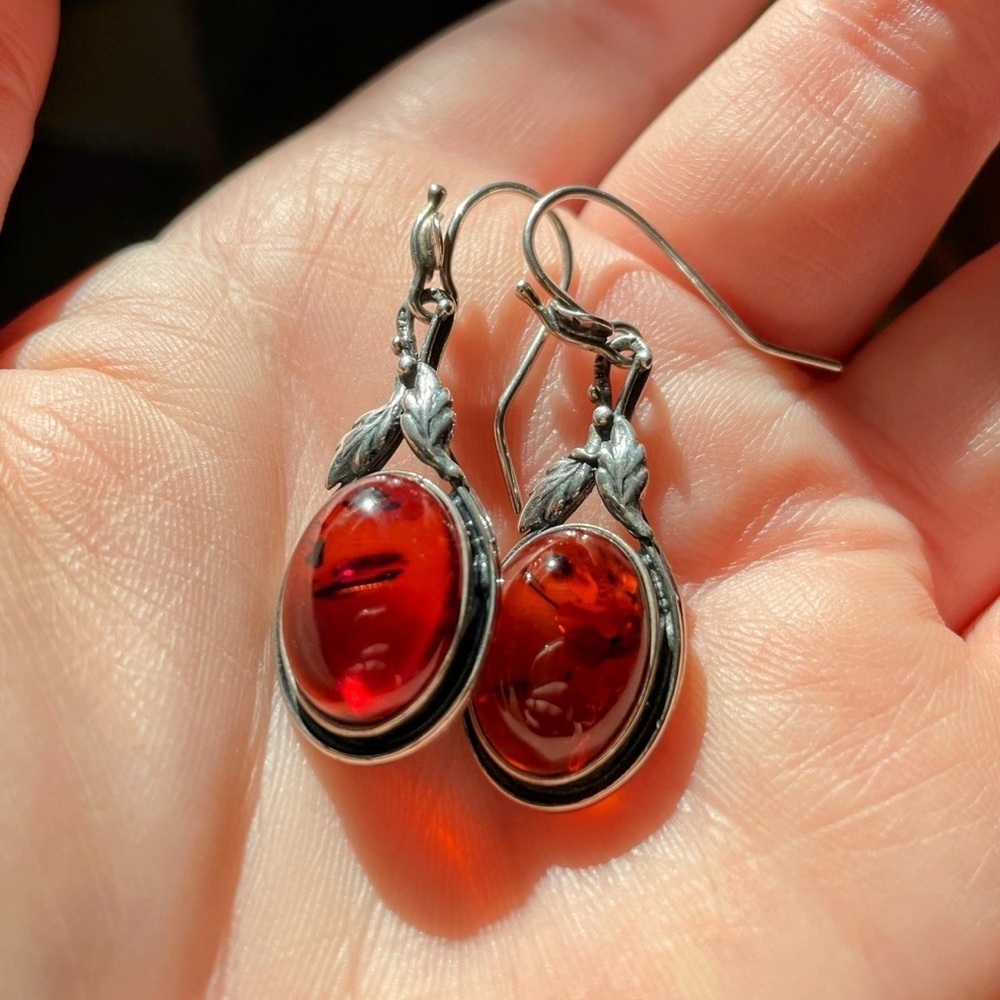 Antique Arts & Crafts Period Silver & Baltic Amber Cabochon Drop Earrings - Picture 4 of 7